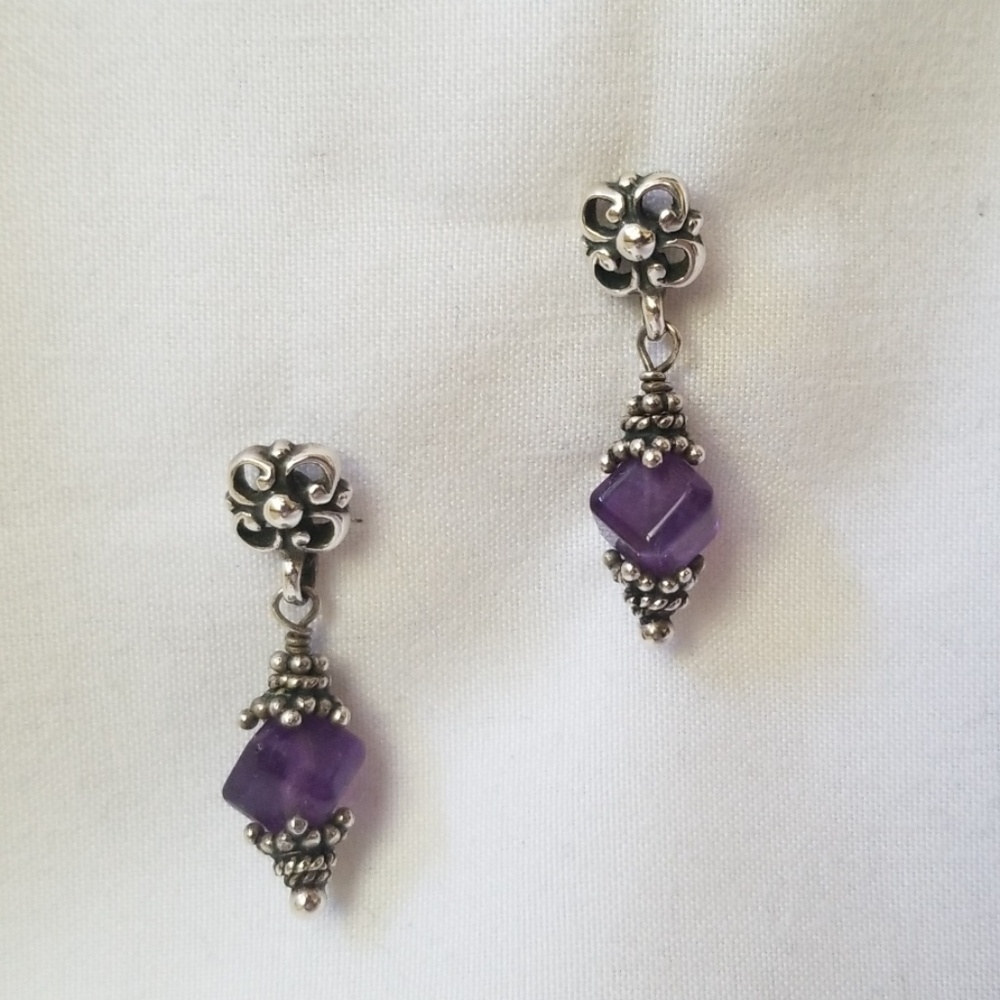 Sterling silver amethyst post drop earrings.